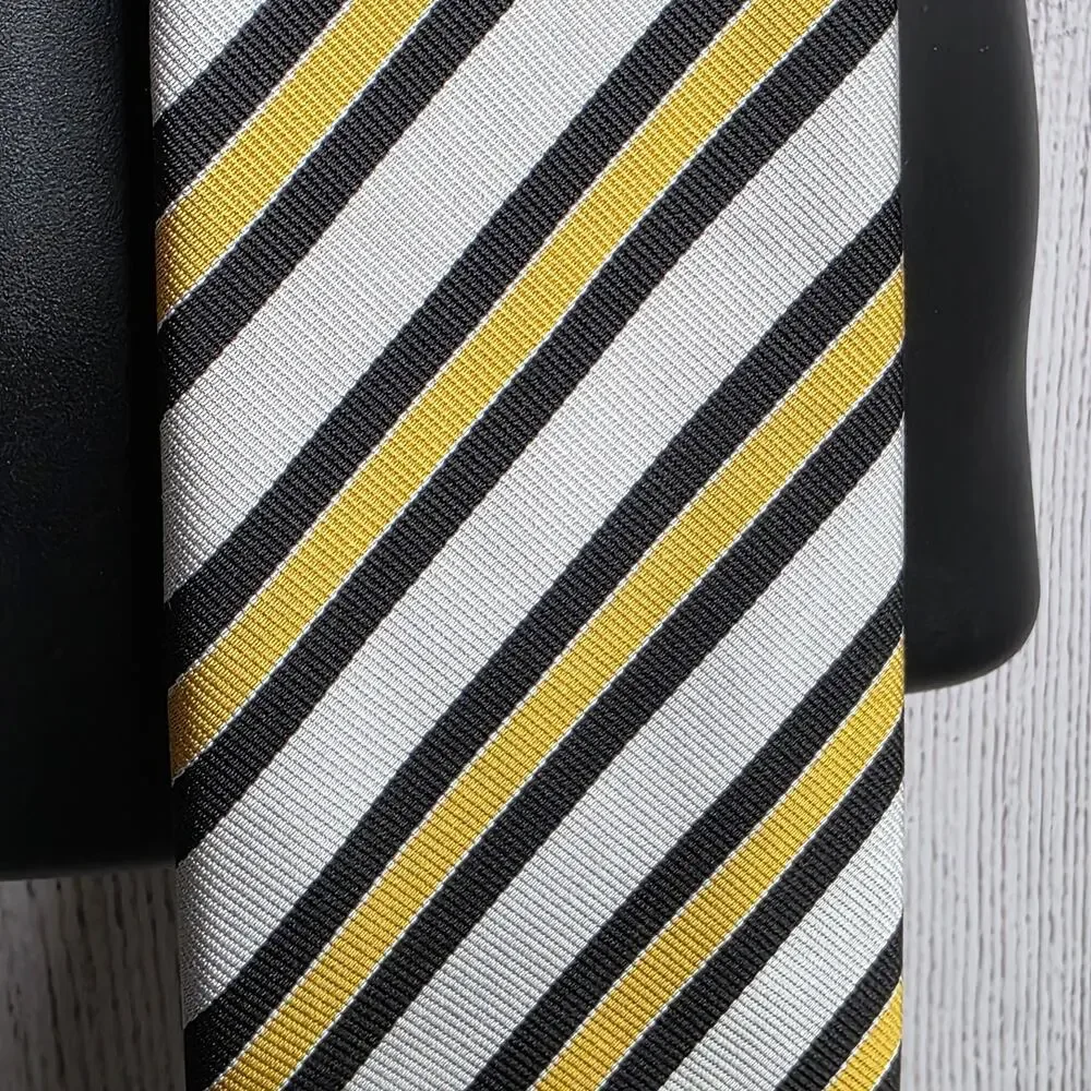Ben Silver Pure English Silk Regimental Stripe Tie Silver Black Gold 61.5